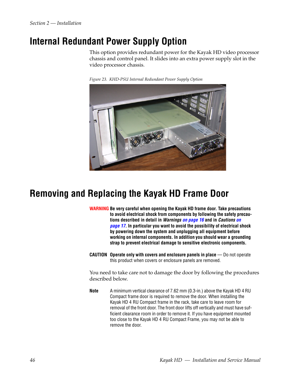 Internal redundant power supply option, Removing and replacing the kayak hd frame door | Grass Valley Kayak HD Installation v.6.8.8 User Manual | Page 46 / 184