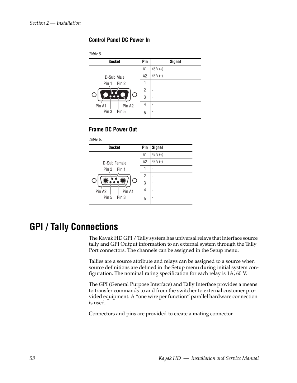 Gpi / tally connections, Control panel dc power in frame dc power out | Grass Valley Kayak HD Installation v.6.8.8 User Manual | Page 58 / 184