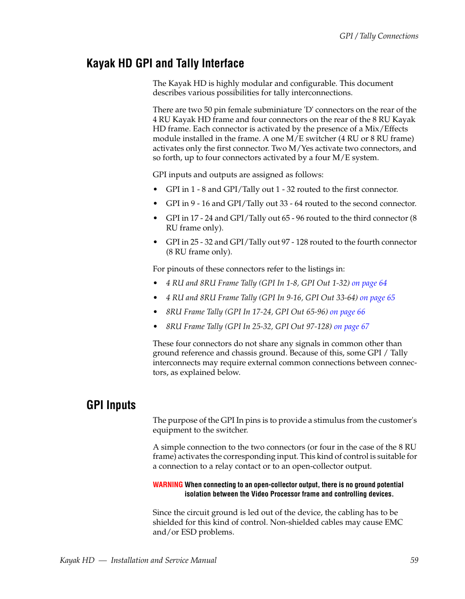 Kayak hd gpi and tally interface, Gpi inputs | Grass Valley Kayak HD Installation v.6.8.8 User Manual | Page 59 / 184