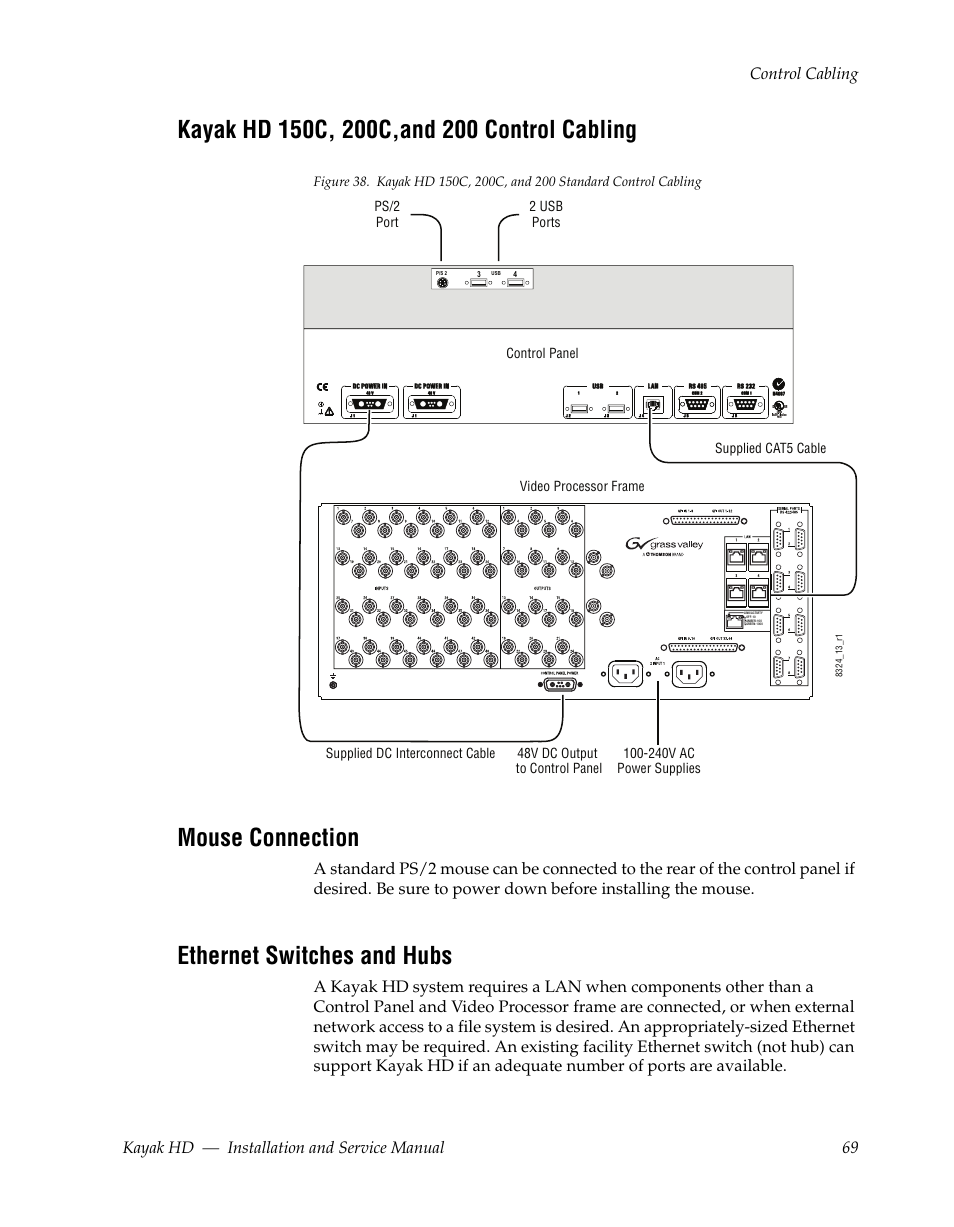 Kayak hd 150c, 200c,and 200 control cabling, Mouse connection, Ethernet switches and hubs | Grass Valley Kayak HD Installation v.6.8.8 User Manual | Page 69 / 184