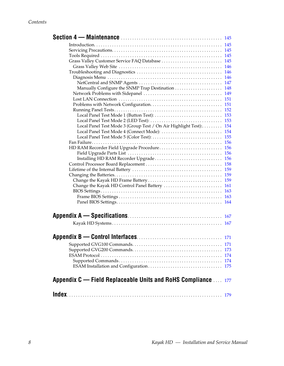 Appendix a — specifications, Appendix b — control interfaces, Index | Grass Valley Kayak HD Installation v.6.8.8 User Manual | Page 8 / 184