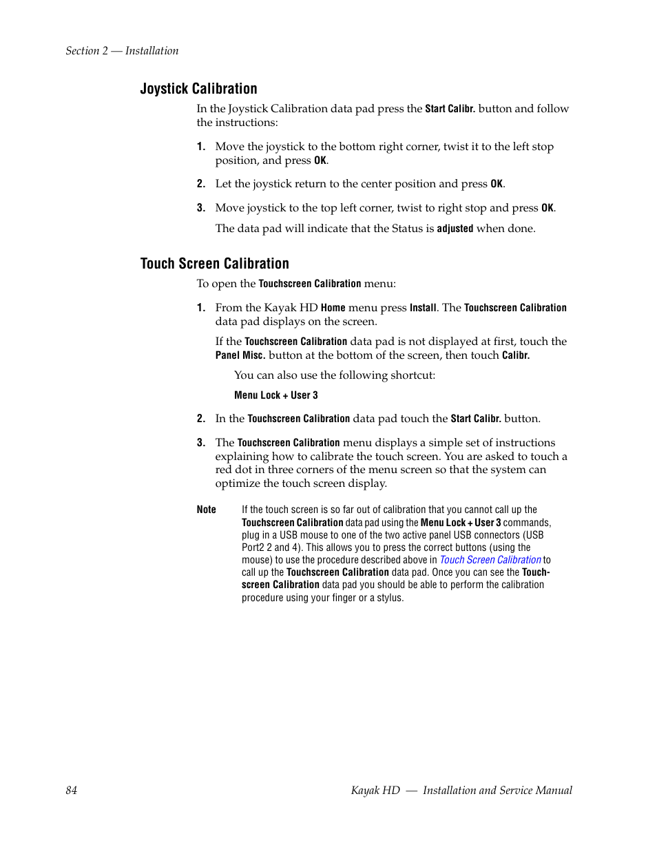 Joystick calibration, Touch screen calibration | Grass Valley Kayak HD Installation v.6.8.8 User Manual | Page 84 / 184