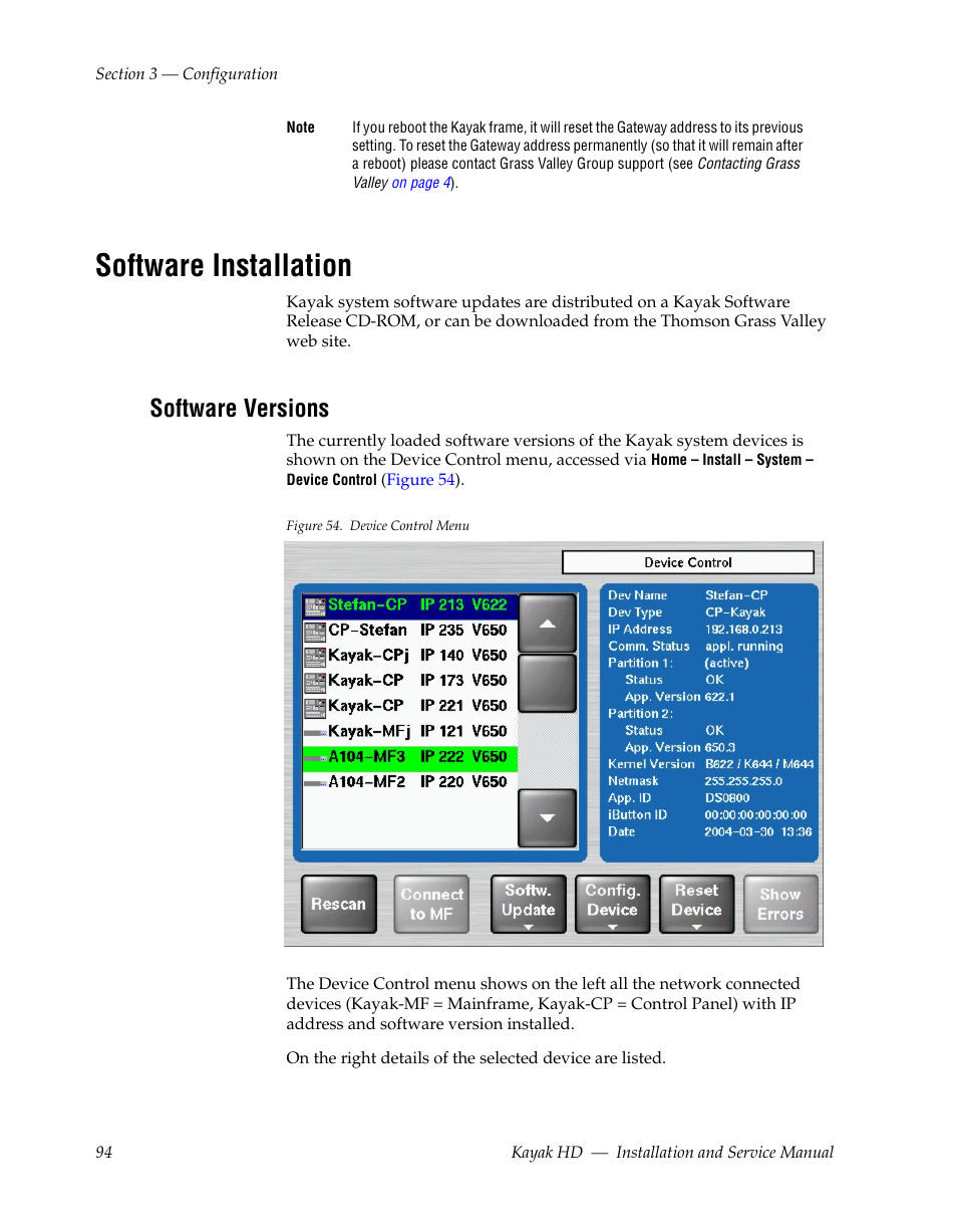 Software installation, Software versions | Grass Valley Kayak HD Installation v.6.8.8 User Manual | Page 94 / 184