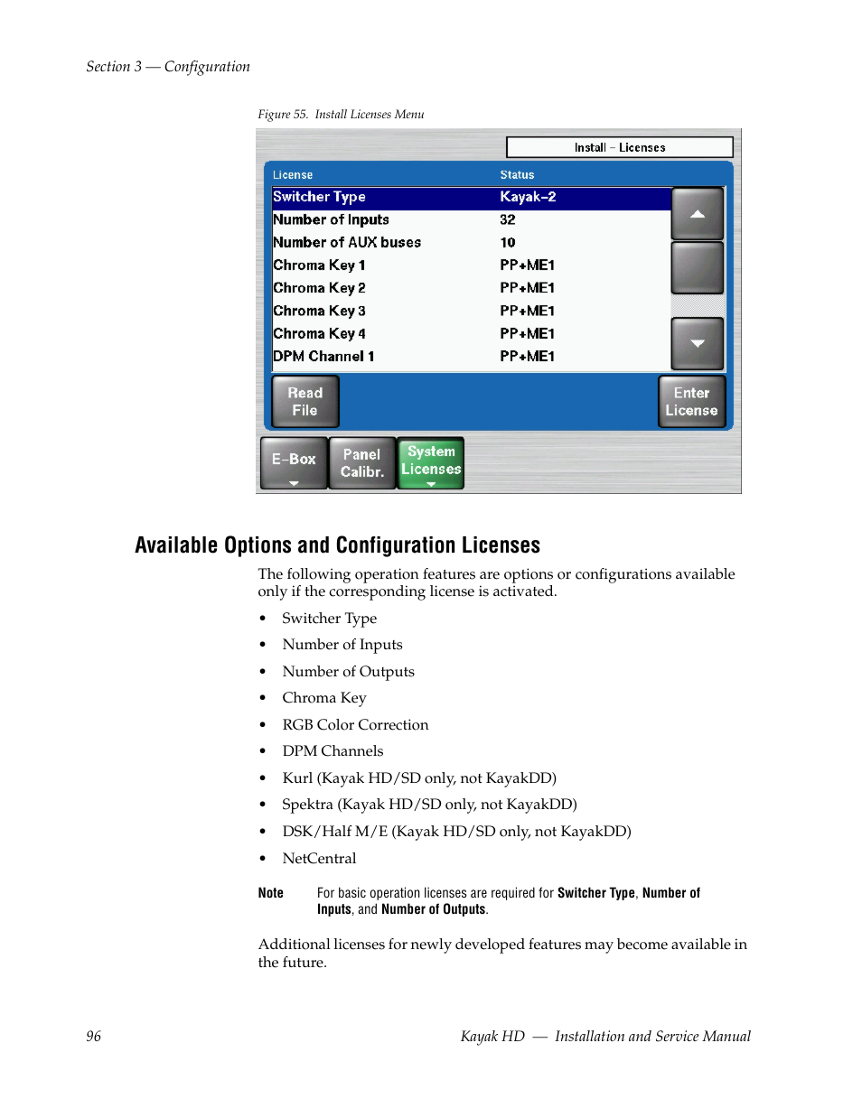 Available options and configuration licenses | Grass Valley Kayak HD Installation v.6.8.8 User Manual | Page 96 / 184