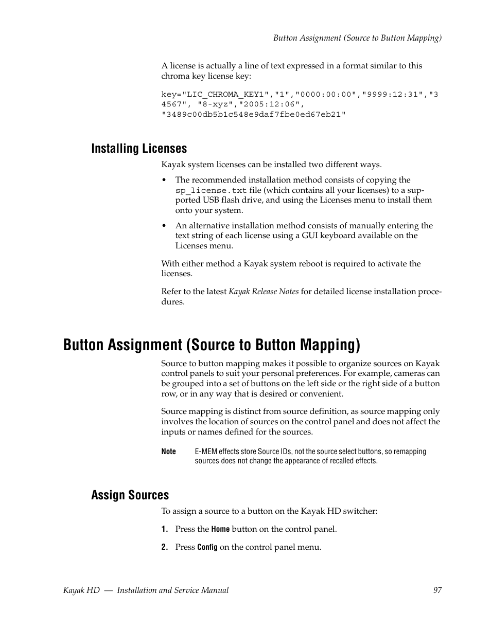 Installing licenses, Button assignment (source to button mapping), Assign sources | Grass Valley Kayak HD Installation v.6.8.8 User Manual | Page 97 / 184