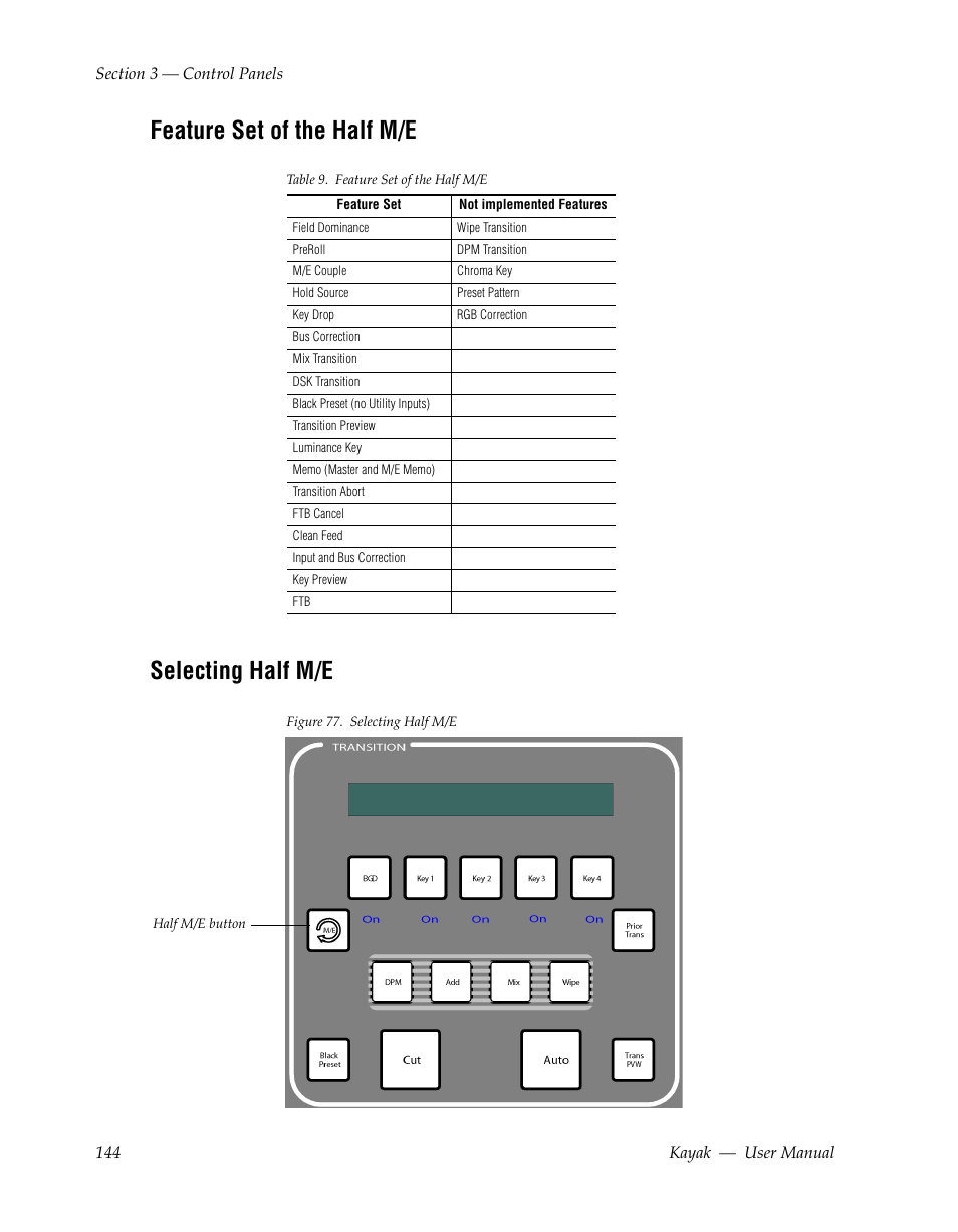 Feature set of the half m/e, Selecting half m/e, Feature set of the half m/e selecting half m/e | Grass Valley Kayak HD v.6.9.3 User Manual | Page 144 / 606