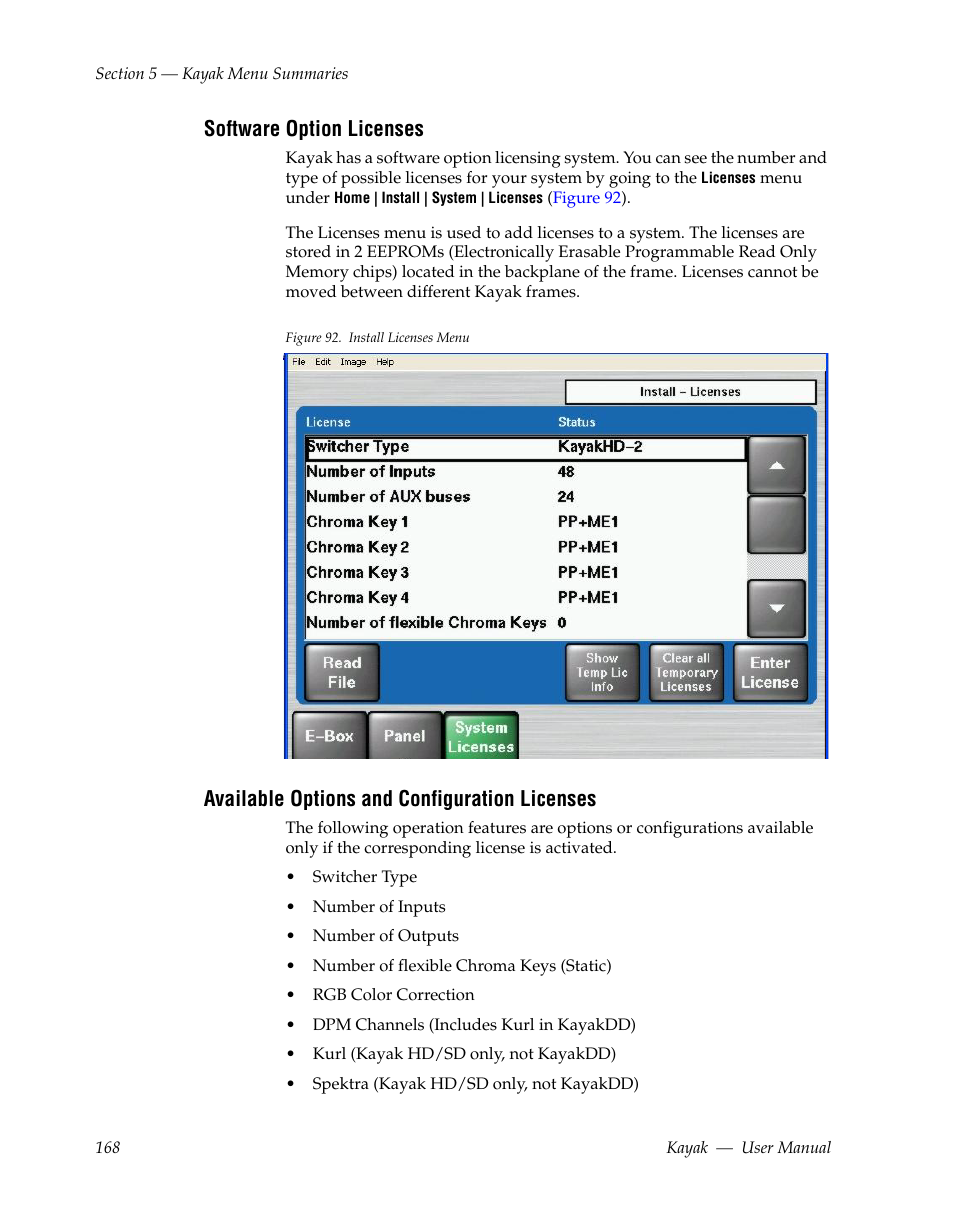 Software option licenses, Available options and configuration licenses | Grass Valley Kayak HD v.6.9.3 User Manual | Page 168 / 606