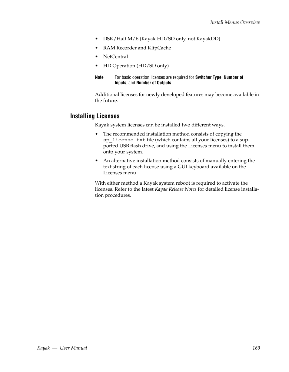 Installing licenses | Grass Valley Kayak HD v.6.9.3 User Manual | Page 169 / 606