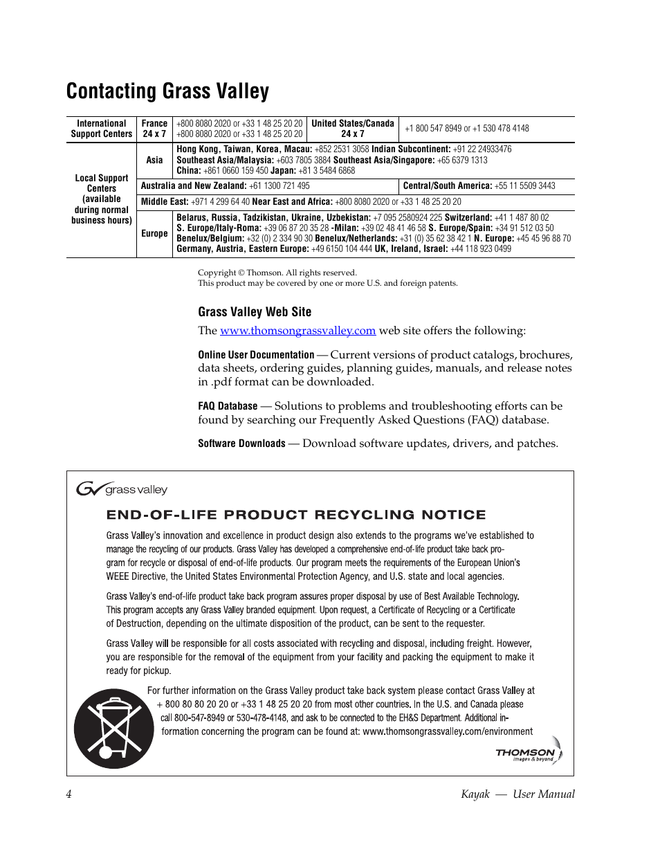 Contacting grass valley | Grass Valley Kayak HD v.6.9.3 User Manual | Page 4 / 606