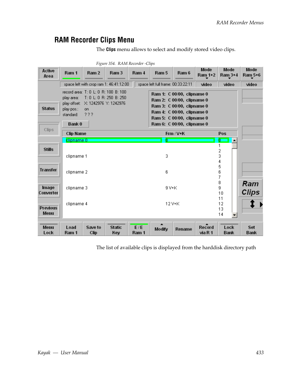 Ram recorder clips menu | Grass Valley Kayak HD v.6.9.3 User Manual | Page 433 / 606