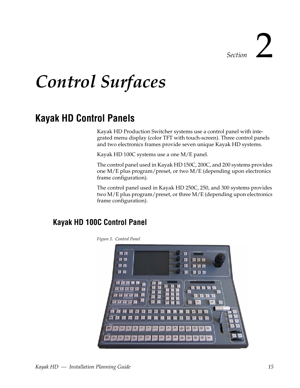 Control surfaces, Kayak hd control panels, Kayak hd 100c control panel | Section 2 — control surfaces | Grass Valley Kayak HD Installation Planning Guide v.6.9.4 Jun 02 2011 User Manual | Page 15 / 58