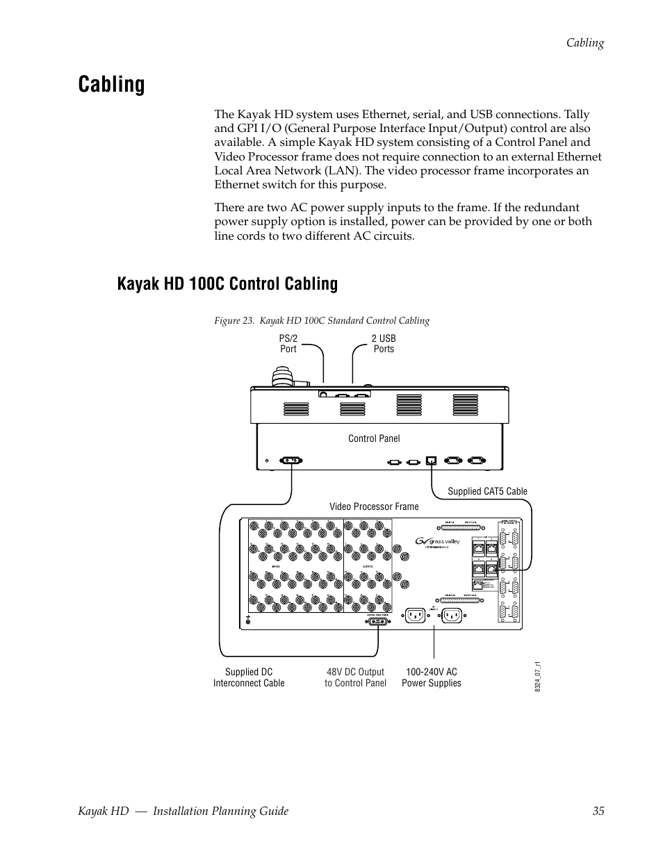 Cabling, Kayak hd 100c control cabling | Grass Valley Kayak HD Installation Planning Guide v.6.9.4 Jun 02 2011 User Manual | Page 35 / 58