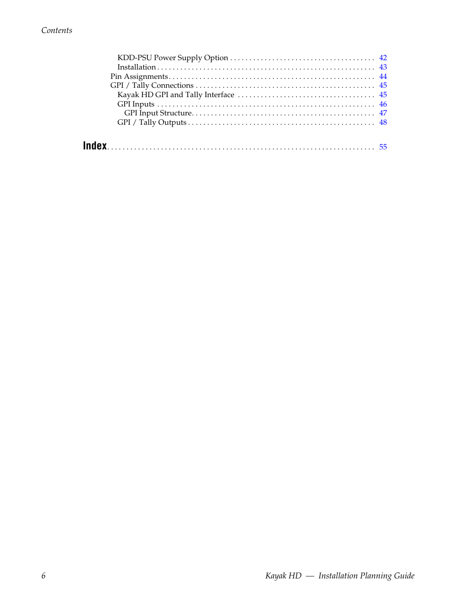 Index | Grass Valley Kayak HD Installation Planning Guide v.6.9.4 Jun 02 2011 User Manual | Page 6 / 58