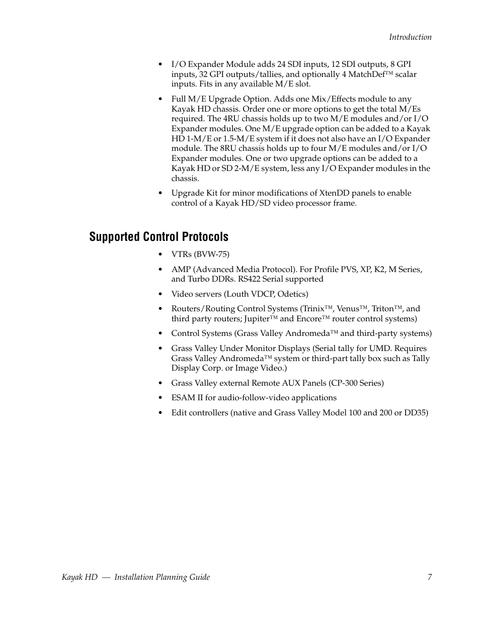 Supported control protocols | Grass Valley Kayak HD Installation Planning Guide v.6.9.4 Oct 15 2008 User Manual | Page 11 / 60