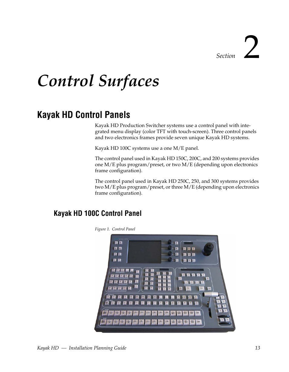 Control surfaces, Kayak hd control panels, Kayak hd 100c control panel | Section 2 — control surfaces | Grass Valley Kayak HD Installation Planning Guide v.6.9.4 Oct 15 2008 User Manual | Page 17 / 60