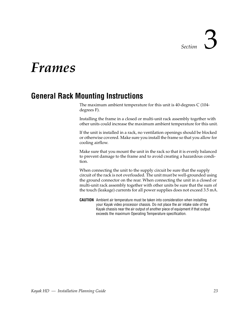 Frames, General rack mounting instructions, Section 3 — frames | Grass Valley Kayak HD Installation Planning Guide v.6.9.4 Oct 15 2008 User Manual | Page 27 / 60