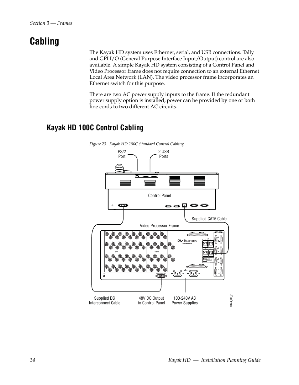 Cabling, Kayak hd 100c control cabling | Grass Valley Kayak HD Installation Planning Guide v.6.9.4 Oct 15 2008 User Manual | Page 38 / 60