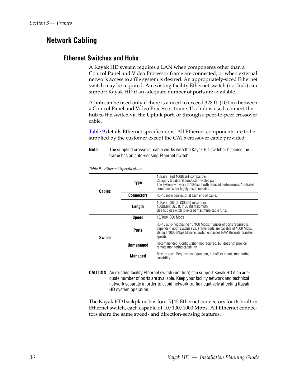 Network cabling, Ethernet switches and hubs | Grass Valley Kayak HD Installation Planning Guide v.6.9.4 Oct 15 2008 User Manual | Page 40 / 60