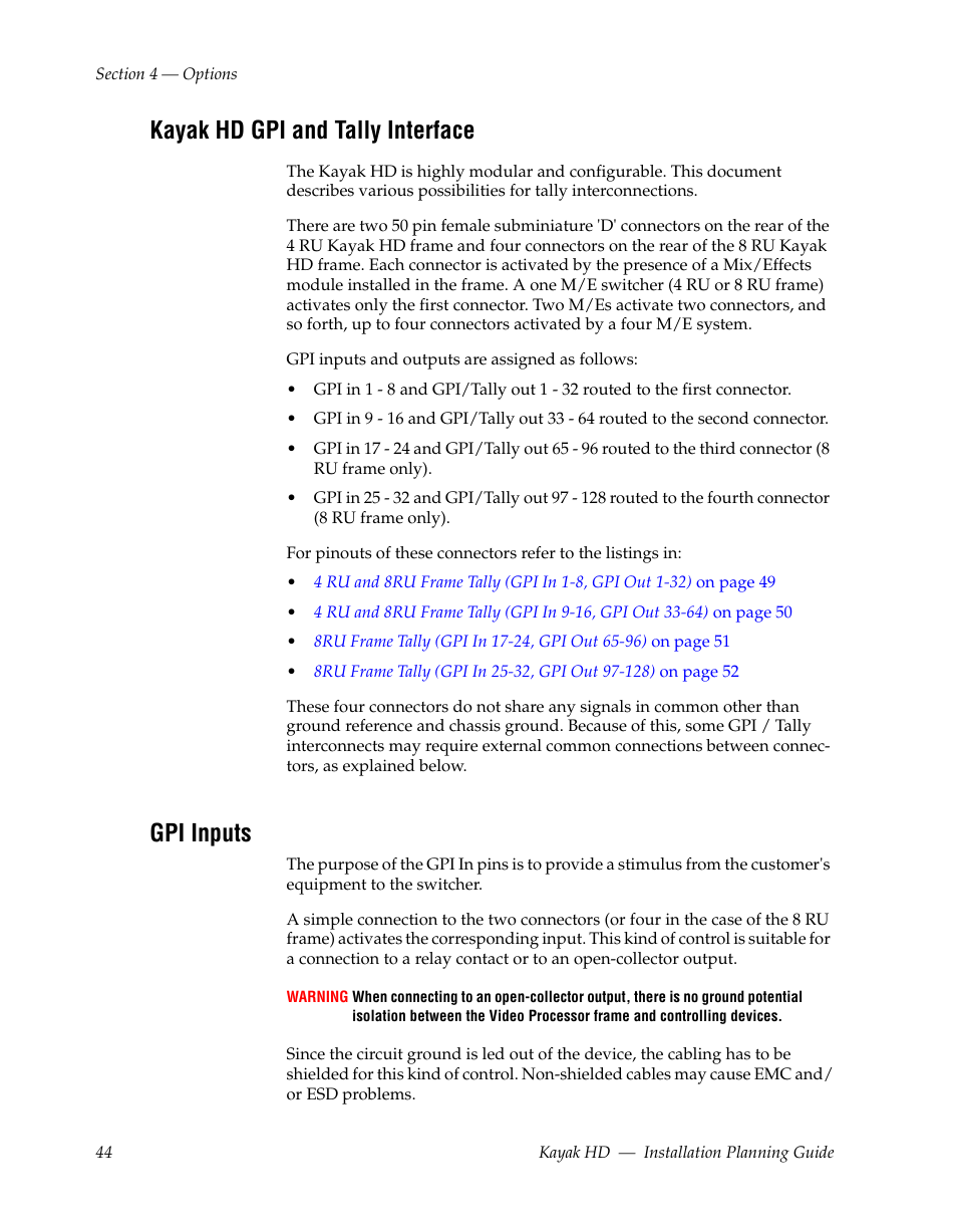 Kayak hd gpi and tally interface, Gpi inputs | Grass Valley Kayak HD Installation Planning Guide v.6.9.4 Oct 15 2008 User Manual | Page 48 / 60