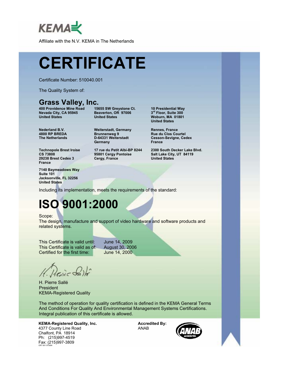 Certificate, Grass valley, inc | Grass Valley Kayak HD Installation Planning Guide v.6.9.2 User Manual | Page 2 / 60