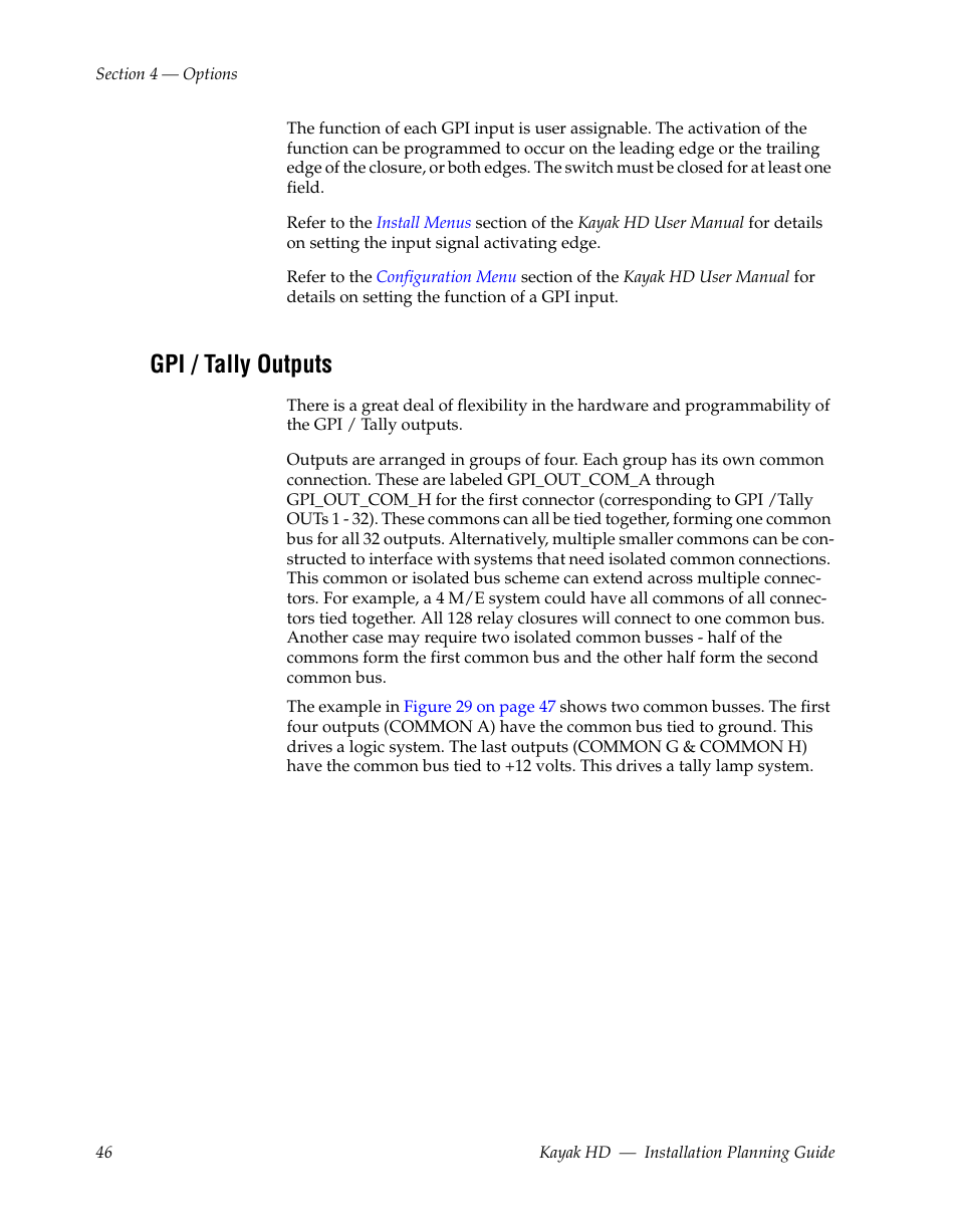 Gpi / tally outputs | Grass Valley Kayak HD Installation Planning Guide v.6.9.2 User Manual | Page 50 / 60