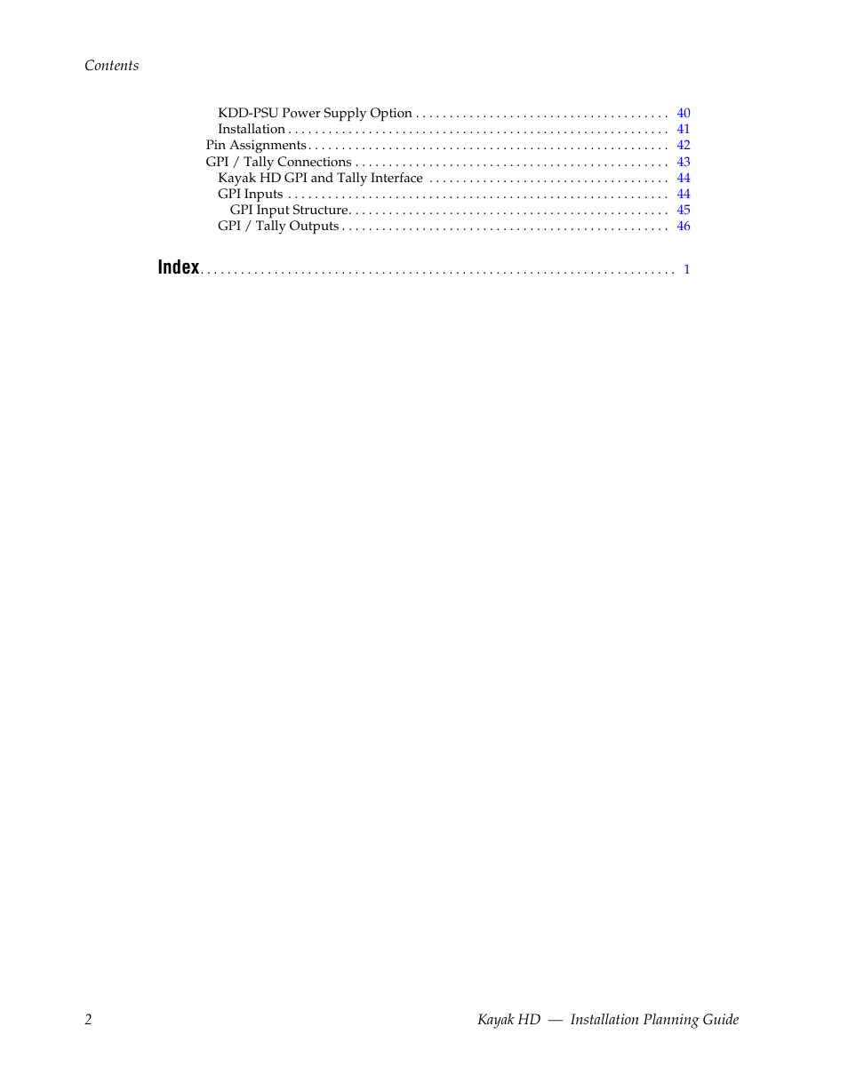 Index | Grass Valley Kayak HD Installation Planning Guide v.6.9.2 User Manual | Page 6 / 60