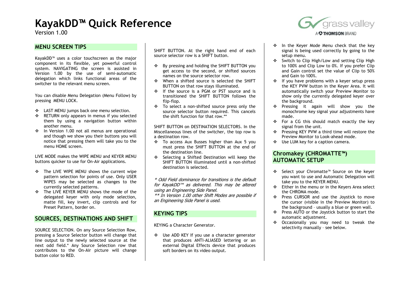 Grass Valley KayakDD v.1.0.0 User Manual | 2 pages