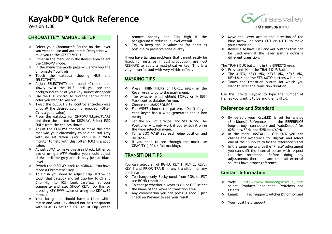 Kayakdd™ quick reference | Grass Valley KayakDD v.1.0.0 User Manual | Page 2 / 2