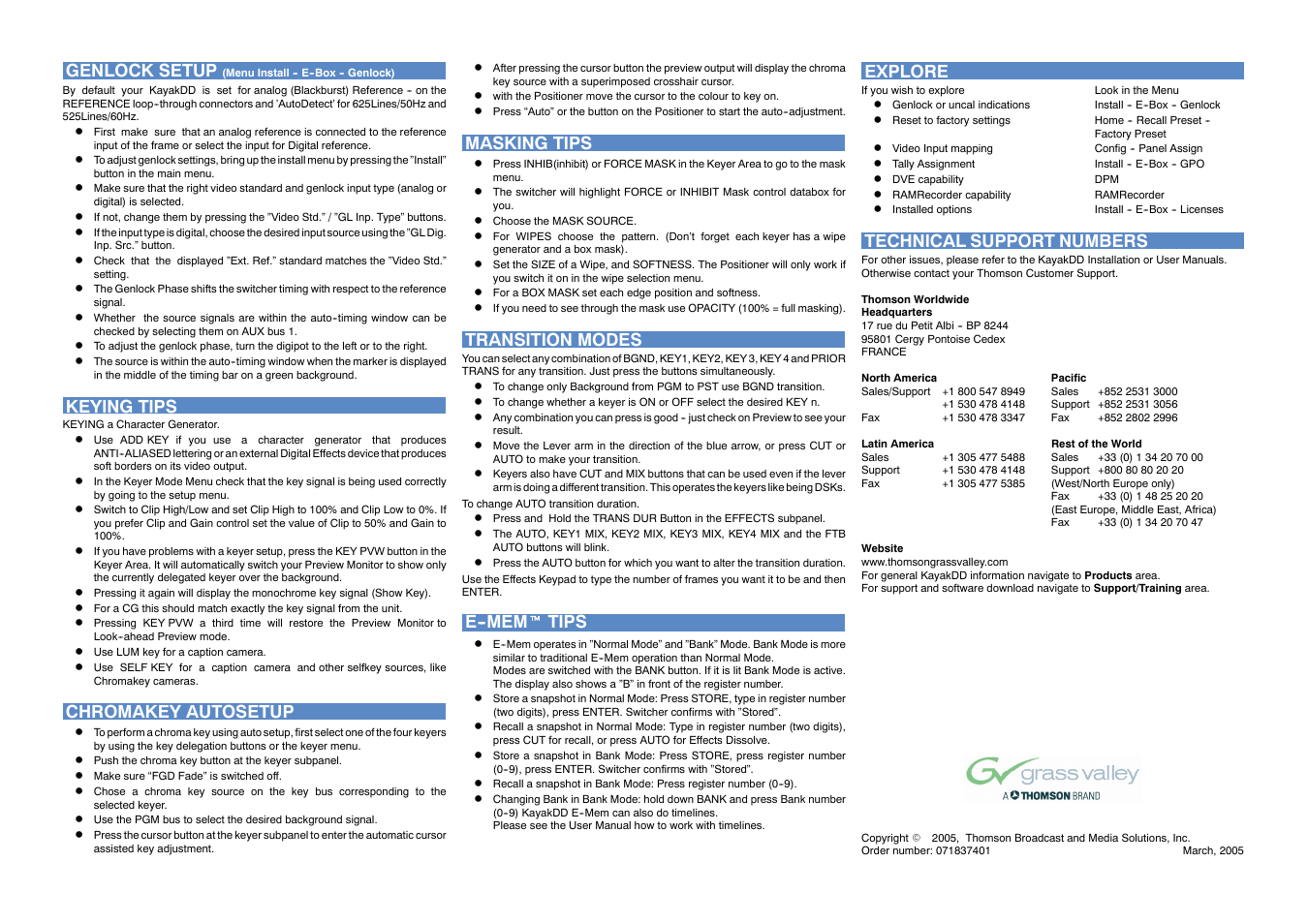 Genlock setup, Keying tips, Chromakey autosetup | Masking tips, Transition modes, E--mem t tips, Explore, Technical support numbers | Grass Valley KayakDD-1 Quick Start User Manual | Page 2 / 2