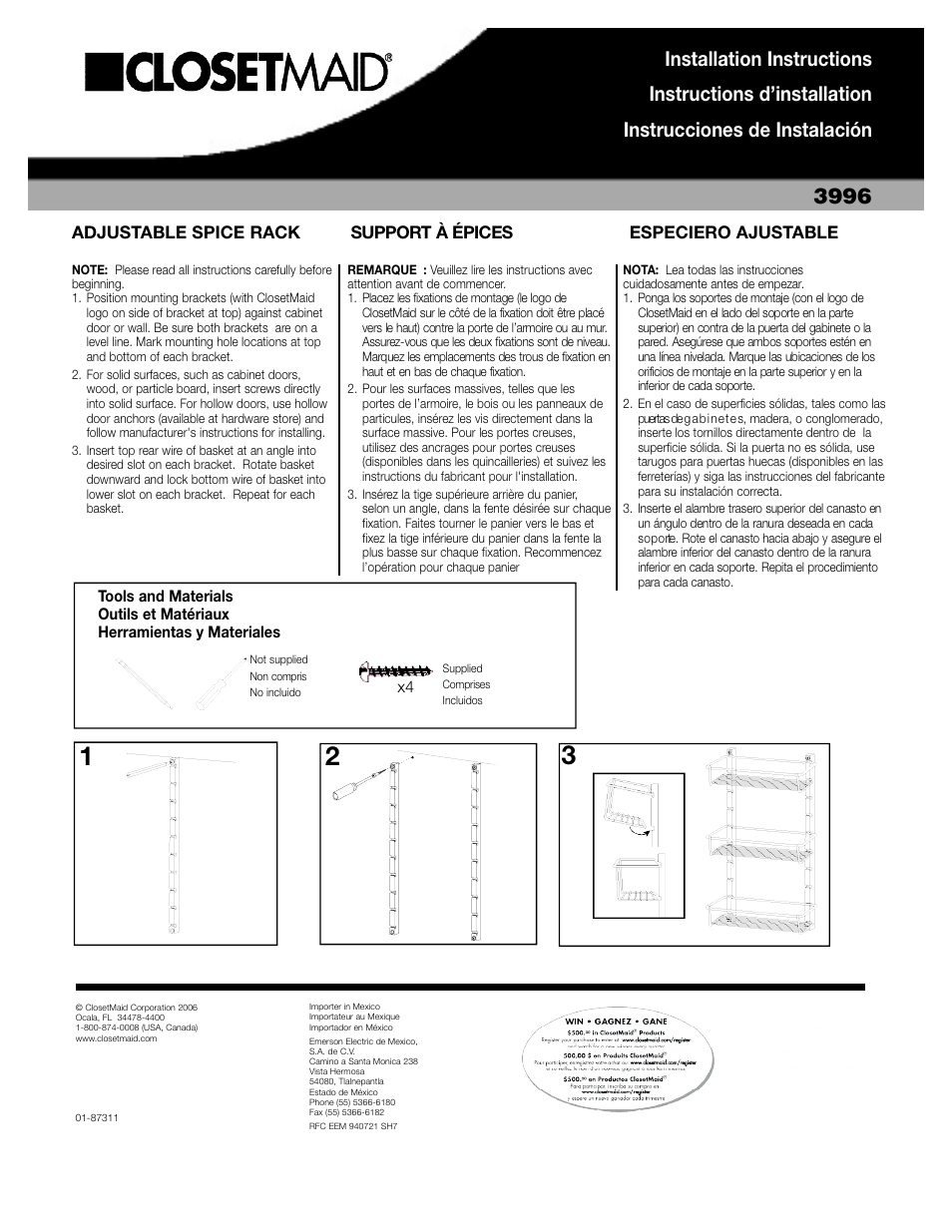 Closet Maid Adjustable Spice Rack 3996 User Manual | 1 page