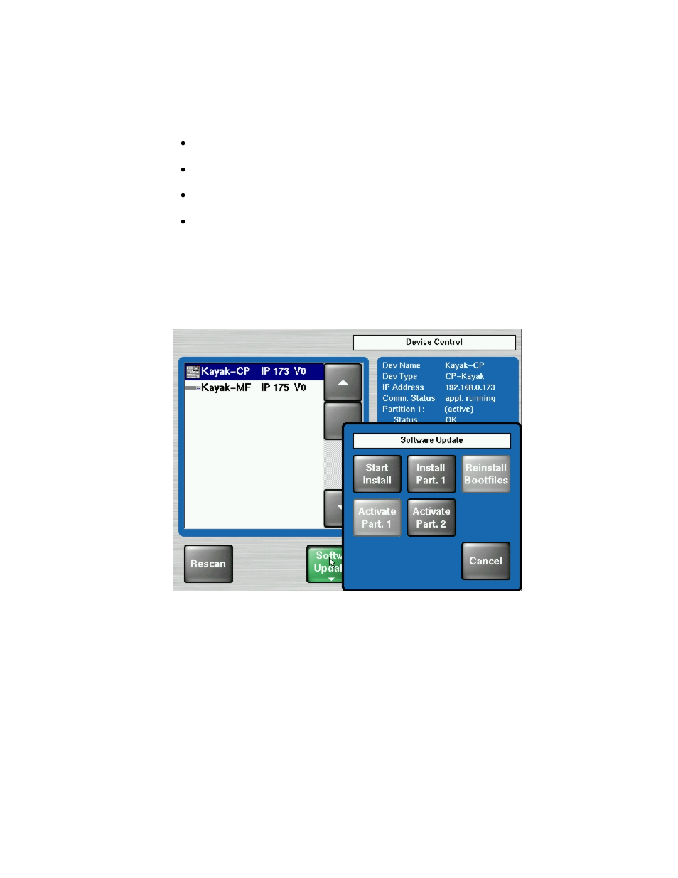 Software loading/update, Figure 19, Device control menu with software update dialog | Grass Valley KayakDD-2 v.6.7.1 User Manual | Page 67 / 95