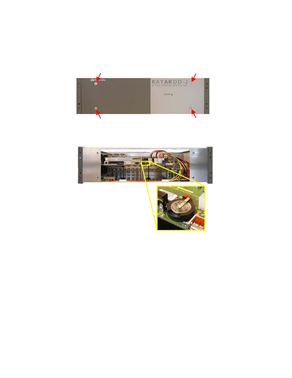 Exchange the battery, Open the kayakdd-2 mainframe, Figure 32 | Kayakdd-2 frame front, Figure 33, Kayakdd-2-frame without front plate | Grass Valley KayakDD-2 v.6.7.1 User Manual | Page 85 / 95