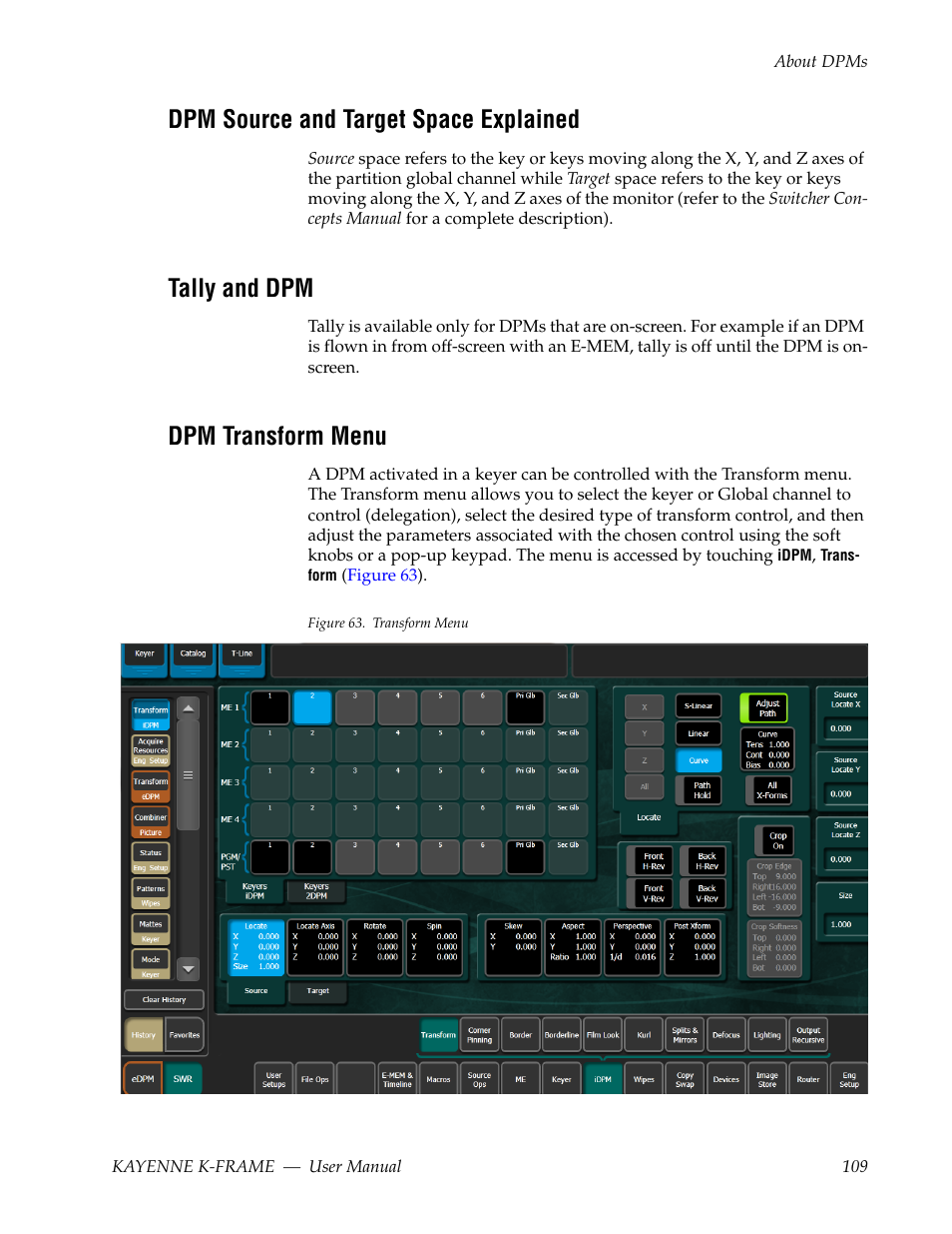 Dpm source and target space explained, Tally and dpm, Dpm transform menu | Grass Valley Kayenne K-Frame v.7.0 User Manual | Page 109 / 460