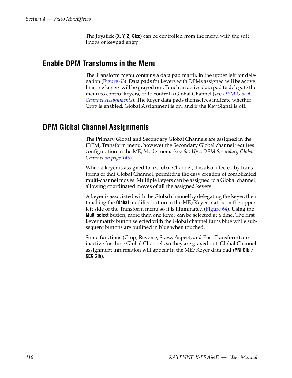 Enable dpm transforms in the menu, Dpm global channel assignments | Grass Valley Kayenne K-Frame v.7.0 User Manual | Page 110 / 460