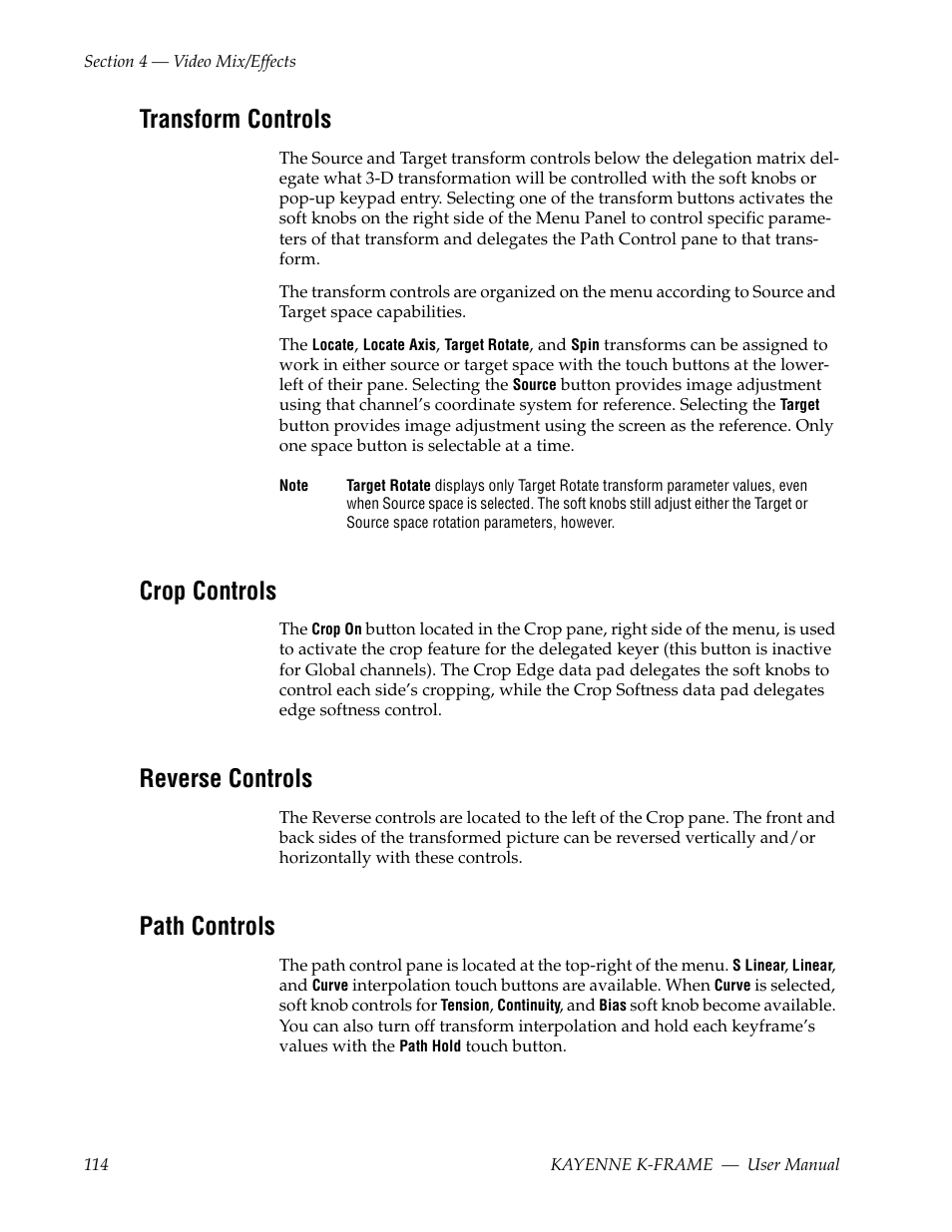 Transform controls, Crop controls, Reverse controls | Path controls | Grass Valley Kayenne K-Frame v.7.0 User Manual | Page 114 / 460