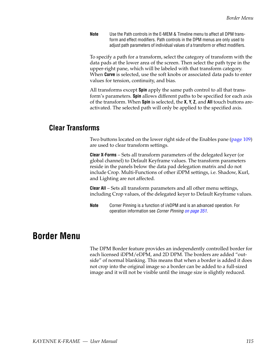 Clear transforms, Border menu | Grass Valley Kayenne K-Frame v.7.0 User Manual | Page 115 / 460