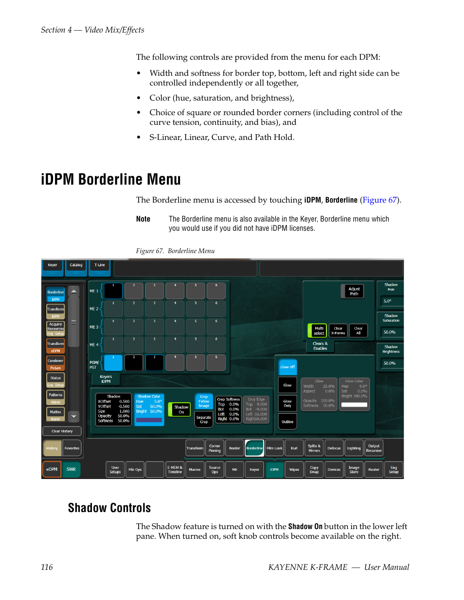 Idpm borderline menu, Shadow controls | Grass Valley Kayenne K-Frame v.7.0 User Manual | Page 116 / 460
