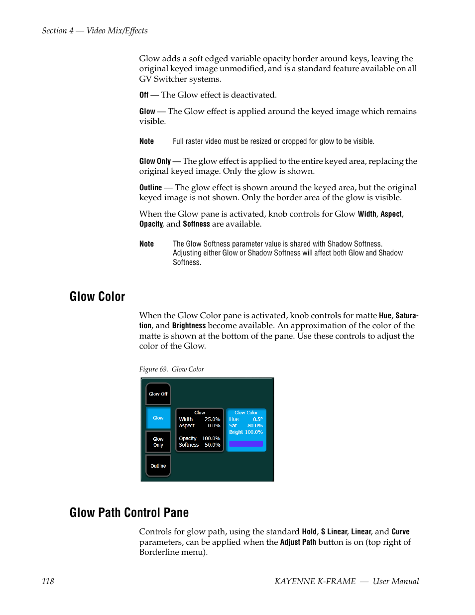 Glow color, Glow path control pane | Grass Valley Kayenne K-Frame v.7.0 User Manual | Page 118 / 460
