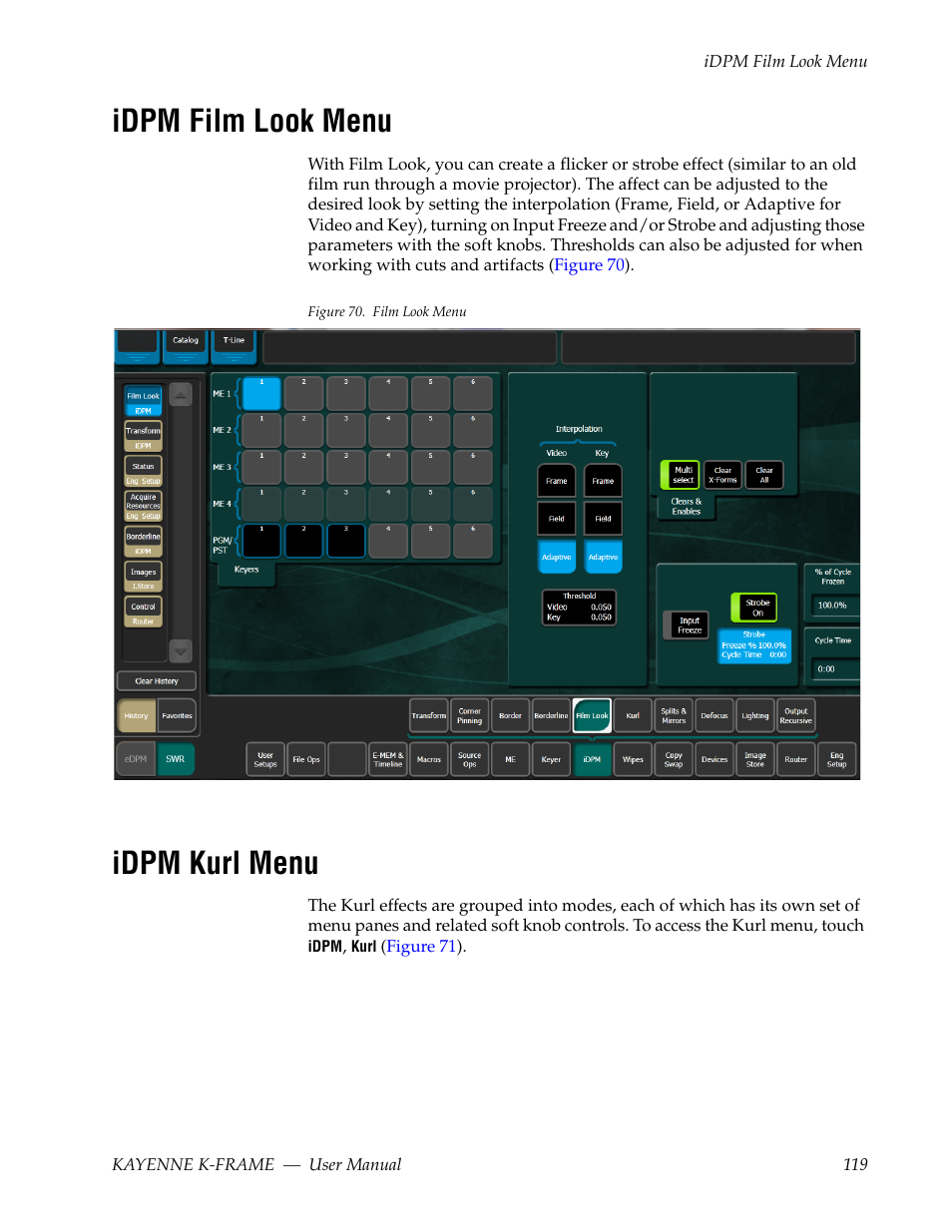 Idpm film look menu, Idpm kurl menu | Grass Valley Kayenne K-Frame v.7.0 User Manual | Page 119 / 460