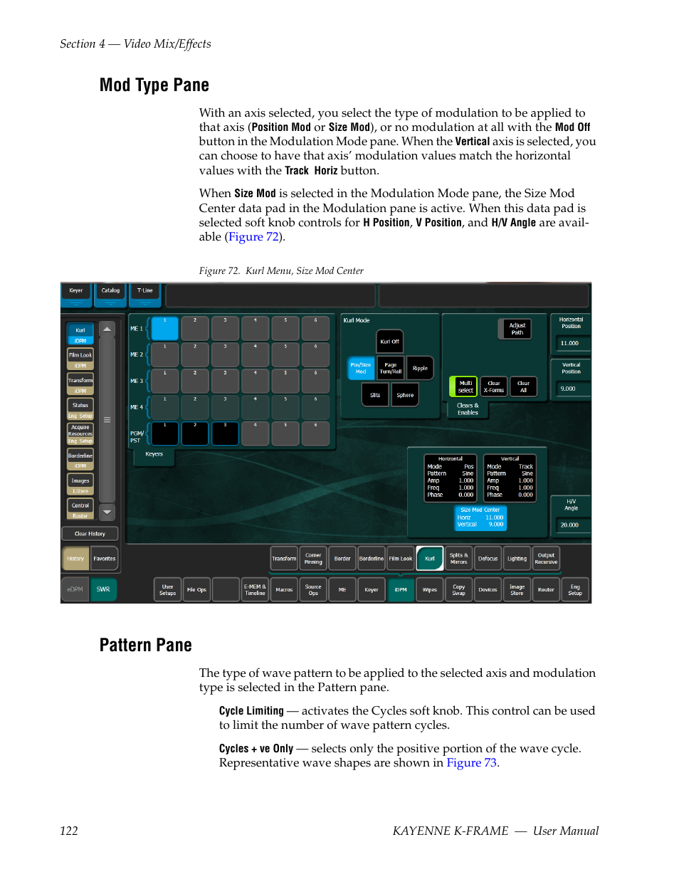 Mod type pane, Pattern pane | Grass Valley Kayenne K-Frame v.7.0 User Manual | Page 122 / 460