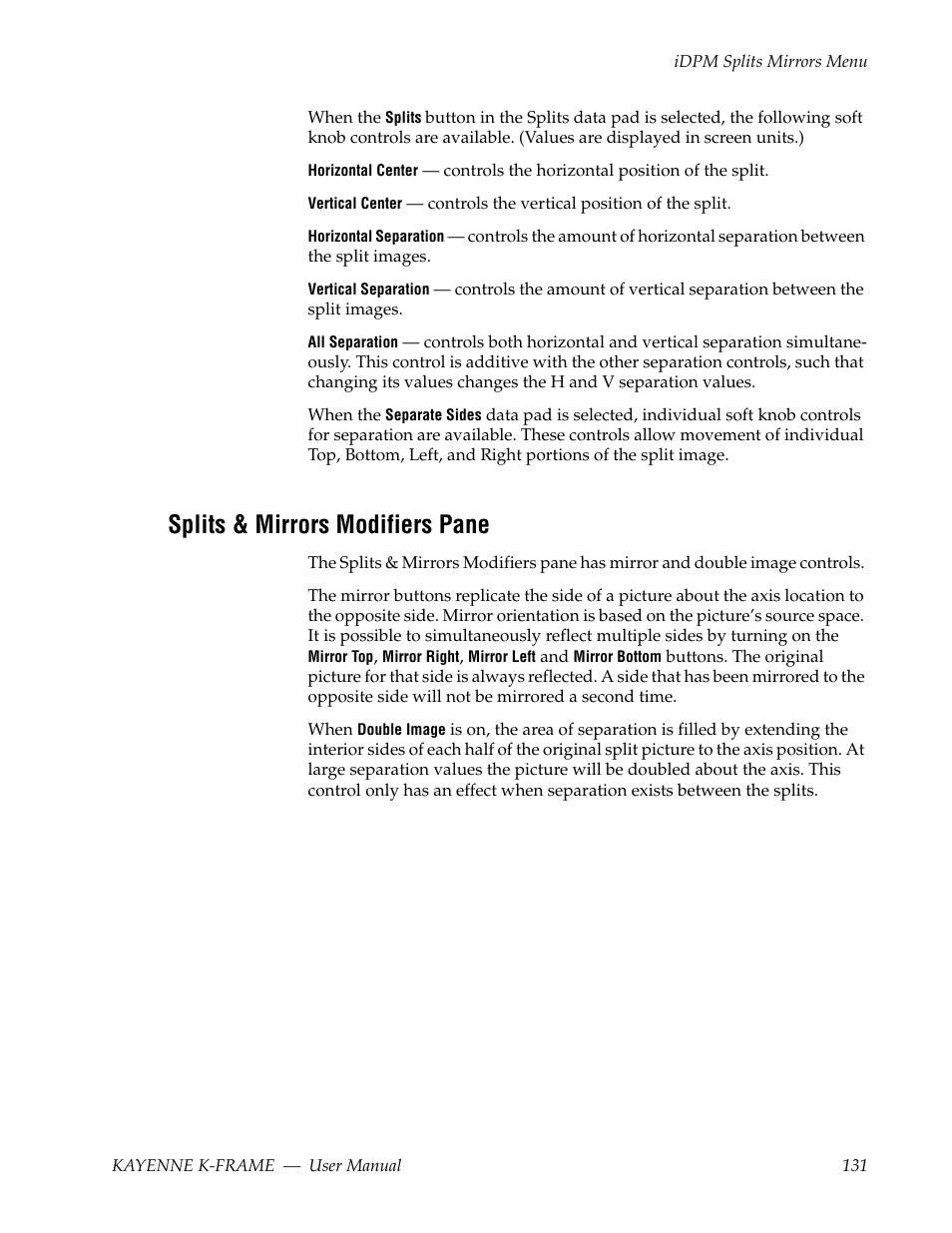 Splits & mirrors modifiers pane | Grass Valley Kayenne K-Frame v.7.0 User Manual | Page 131 / 460