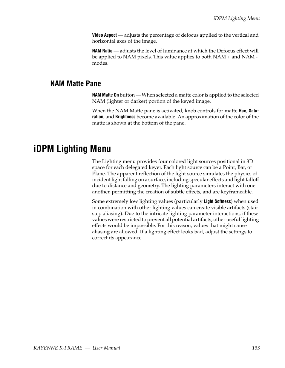 Nam matte pane, Idpm lighting menu | Grass Valley Kayenne K-Frame v.7.0 User Manual | Page 133 / 460