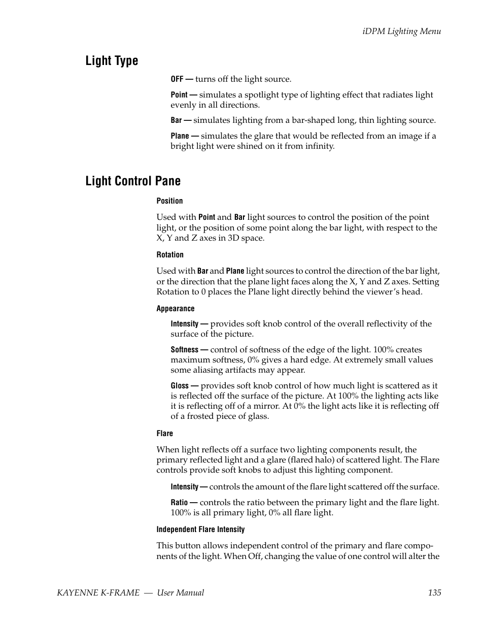 Light type, Light control pane | Grass Valley Kayenne K-Frame v.7.0 User Manual | Page 135 / 460