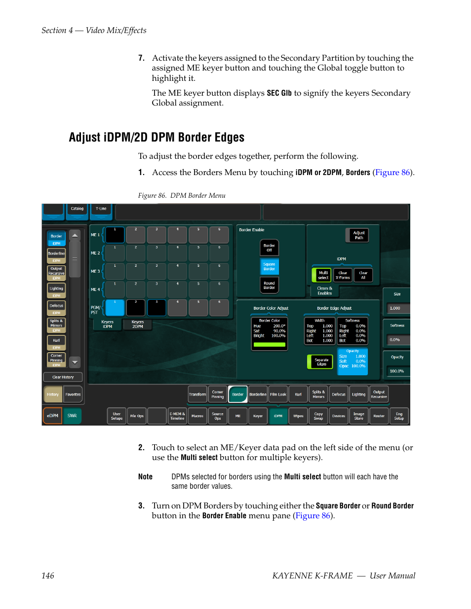 Adjust idpm/2d dpm border edges | Grass Valley Kayenne K-Frame v.7.0 User Manual | Page 146 / 460