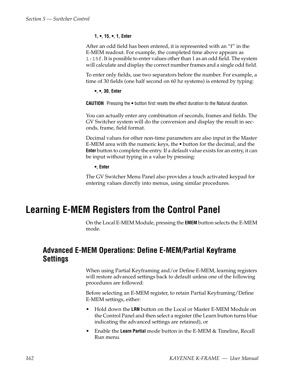Learning e-mem registers from the control panel | Grass Valley Kayenne K-Frame v.7.0 User Manual | Page 162 / 460