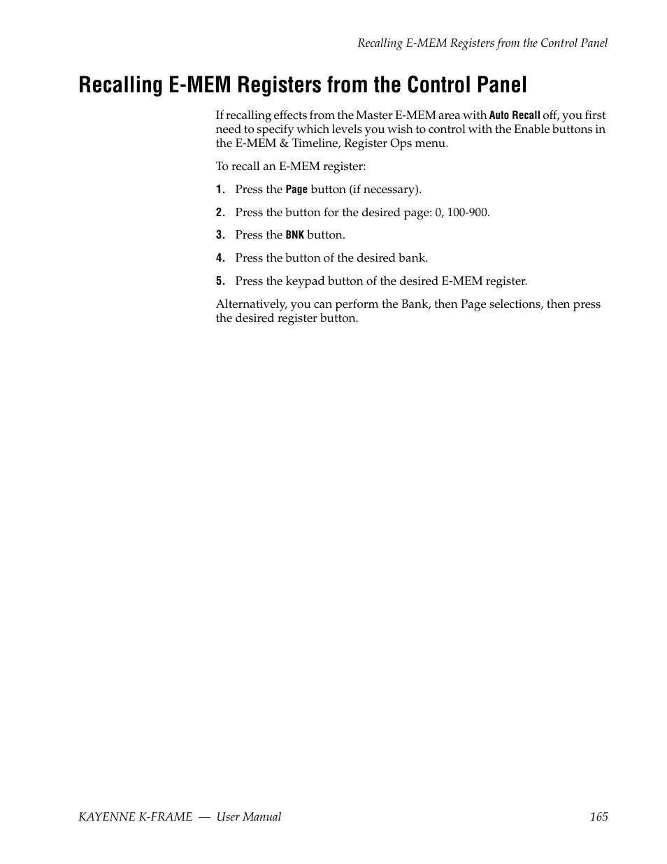 Recalling e-mem registers from the control panel | Grass Valley Kayenne K-Frame v.7.0 User Manual | Page 165 / 460