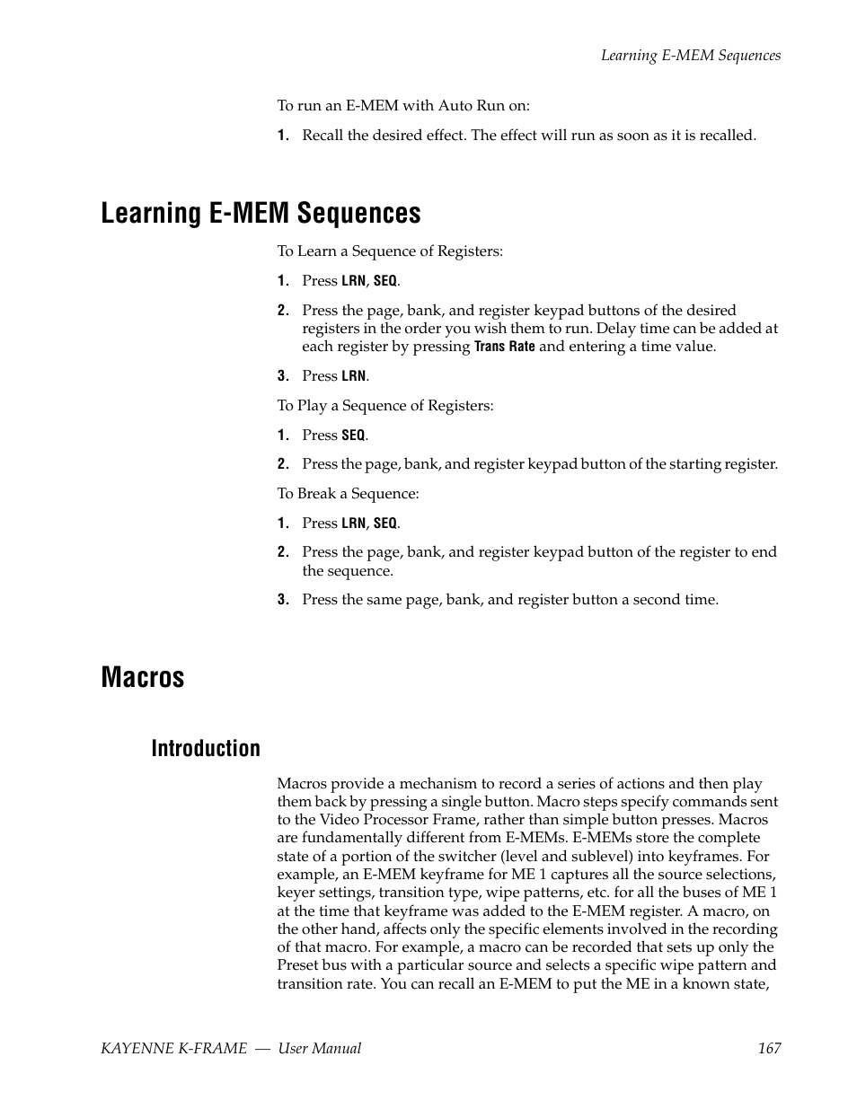 Learning e-mem sequences, Macros, Introduction | Grass Valley Kayenne K-Frame v.7.0 User Manual | Page 167 / 460