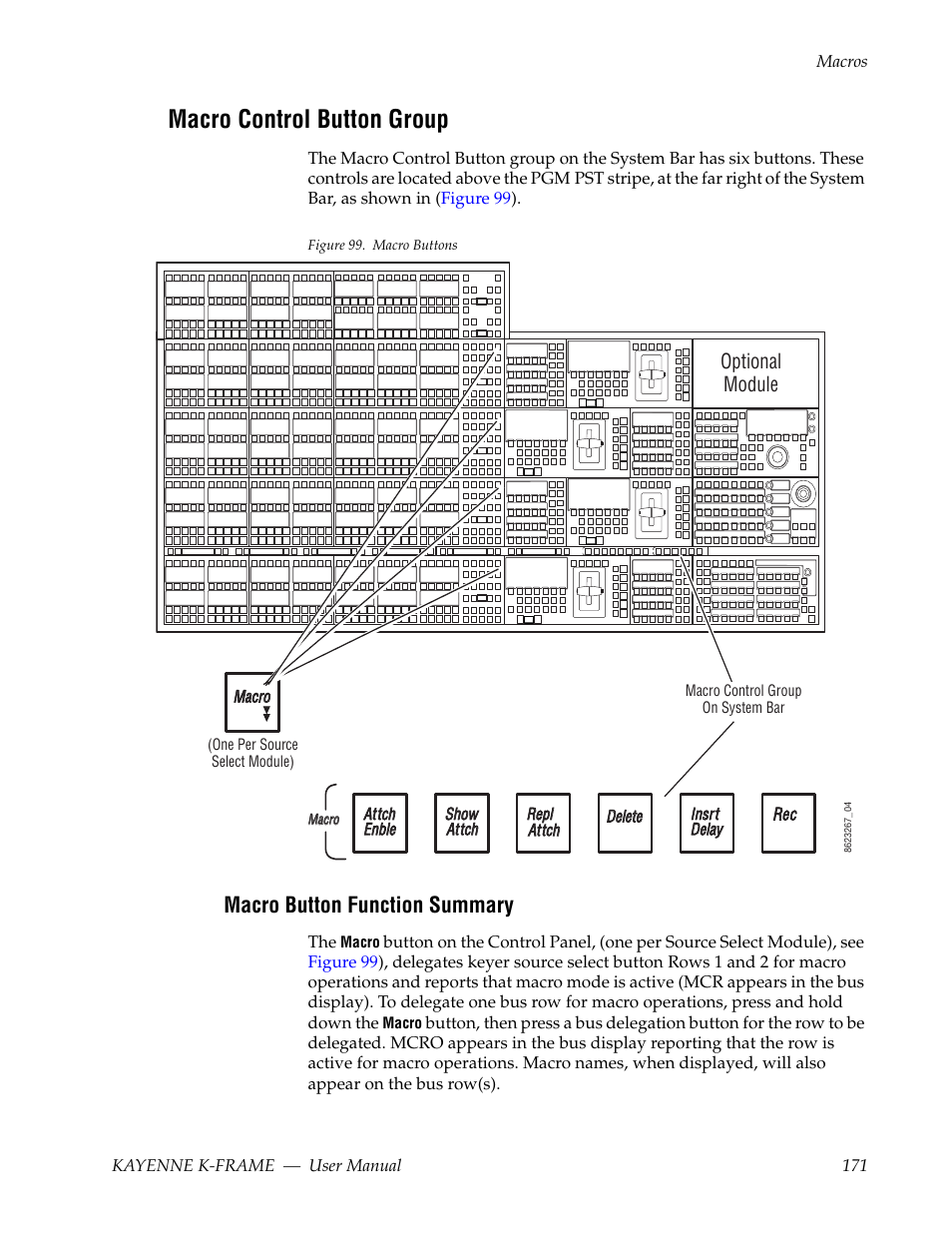 Macro control button group, Macro button function summary | Grass Valley Kayenne K-Frame v.7.0 User Manual | Page 171 / 460