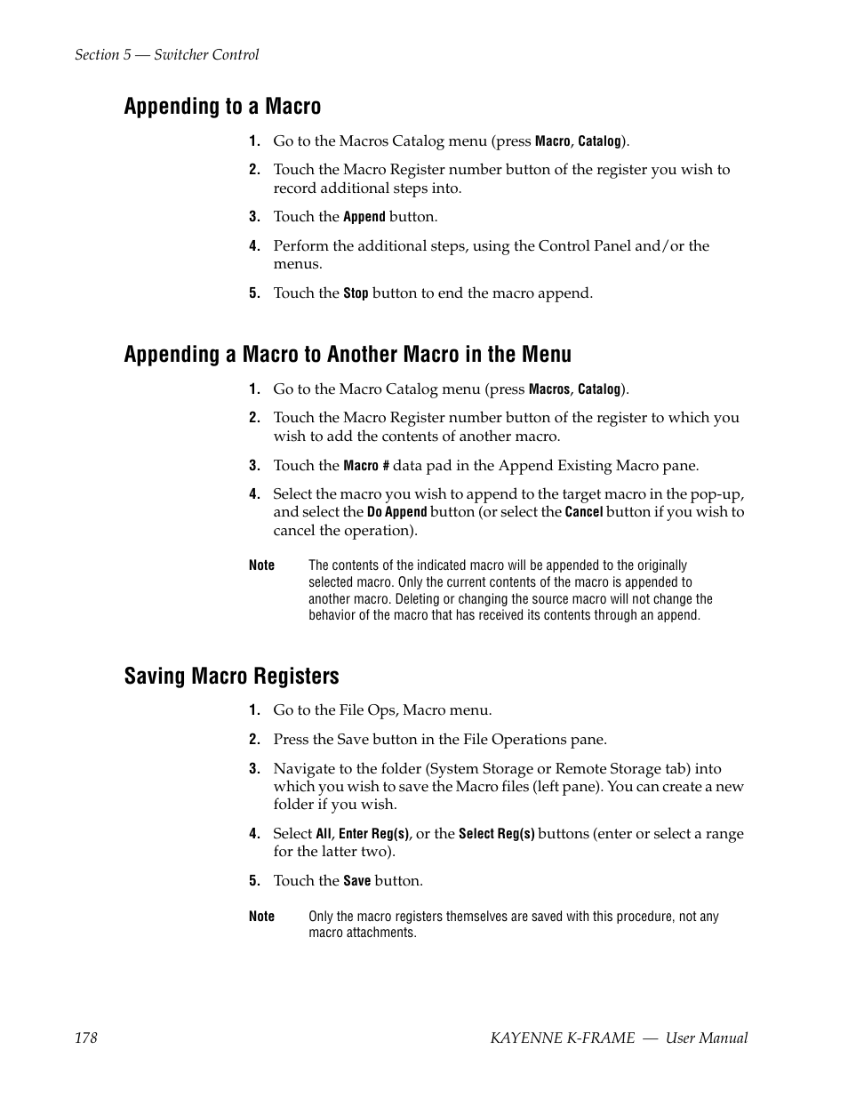 Appending to a macro, Appending a macro to another macro in the menu, Saving macro registers | Grass Valley Kayenne K-Frame v.7.0 User Manual | Page 178 / 460