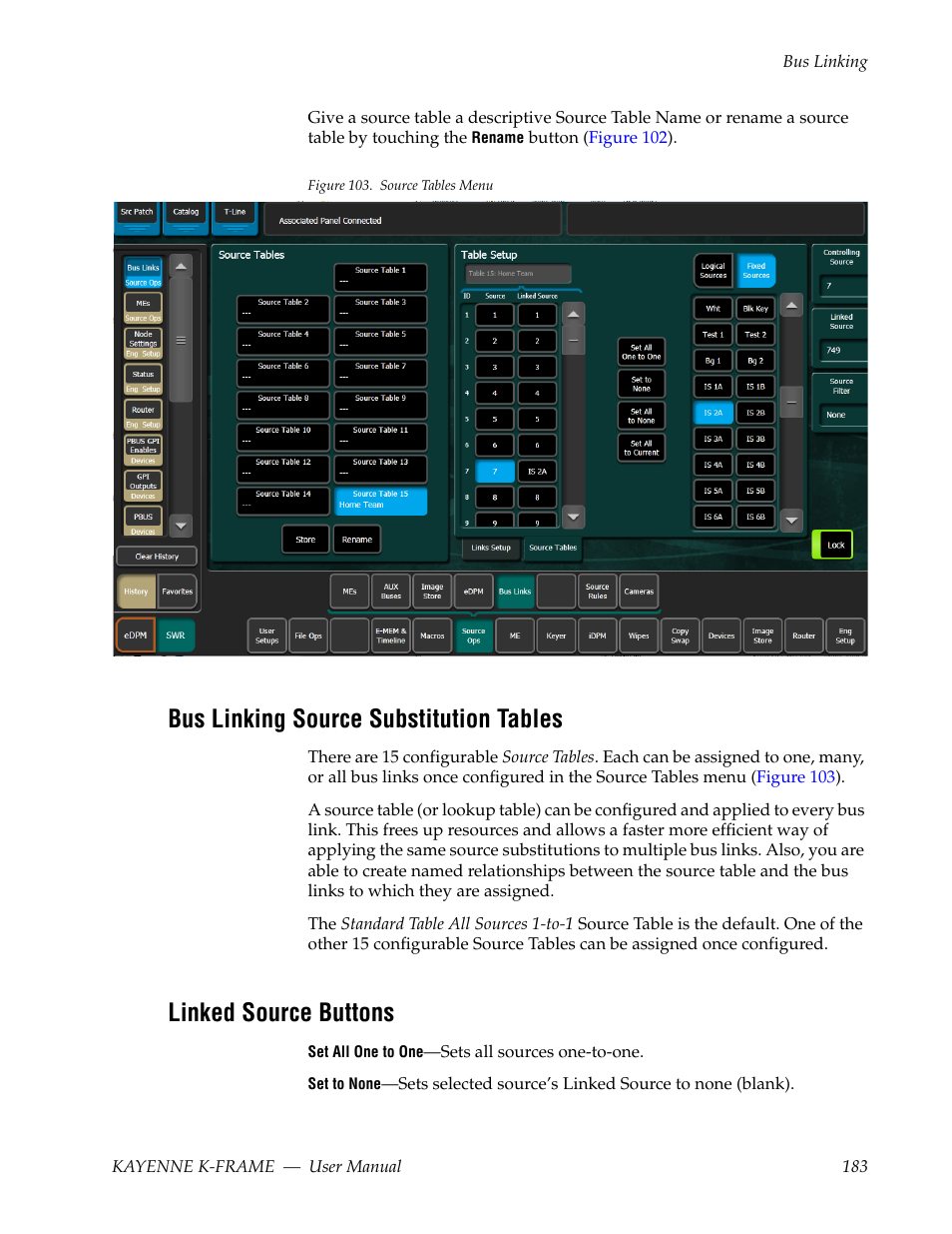 Bus linking source substitution tables, Linked source buttons, Figure 103 | Left) and | Grass Valley Kayenne K-Frame v.7.0 User Manual | Page 183 / 460